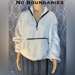 🔴No Boundaries S:XL (15-17) Half Zip White Sherpa Pull Over w/front Zip Pocket